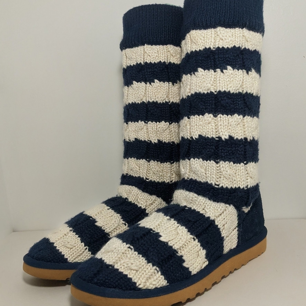 UGG Blue and White Striped Knit Boots